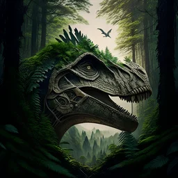 landscape, epic, intricate details, high detail, a dinosaur head emerging from a forest