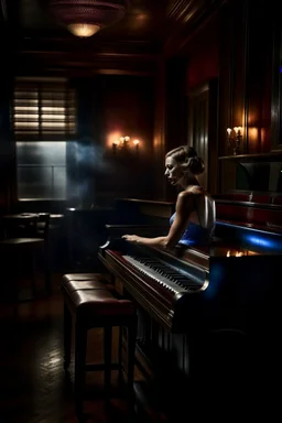 A woman playing a piano in a smoky bar from the 1930s. A nostalgic, moody atmosphere. The pianist is elegantly dressed. The lighting is dim and sultry, casting soft shadows across the room, highlighting the swirls of smoke and the reflective surface of the piano. The bar is adorned with Art Deco elements. The image is rich in texture and depth. The scene is captured as if through a Leica M3 camera for its timeless quality, with attention to the grain and tone of a high-speed film.