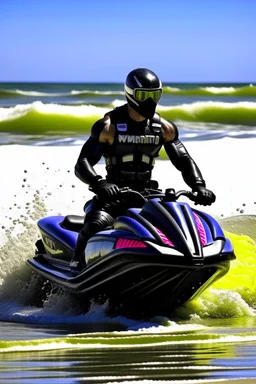 punisher sku;; BEACH JET SKI SHOOT OUT FROM THE CAMERA the style of Hiroshi Nagai