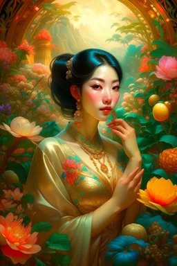 A very beautiful Asian woman in the garden? unusual flowers, very cute, smooth, active sequins, elegant fantasy, intricate, 8k, oil on canvas, beautiful, high detail, fantastic view, hyperrealistic, over-detailed, clear quality, colorful, artgerm, Alphonse Mucha, Catherine Abel. Catherine Welz Stein. Dmitry Vishnevsky. Gustav Klimt, R. Giger. Jacek Yerka. Josephine Wall, Carrie Ann Baade
