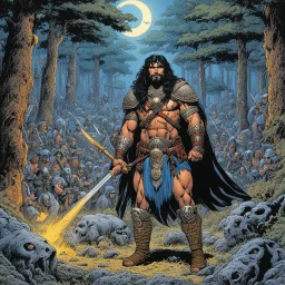 [art by George Perez] THE DEATH DEALER: tribeless barbarian in a large forest that, after the end of the Ice Age, will one day become the Mediterranean sea. When the Mongol-esque Kitzaak Horde invade the forest, various parties try to recruit Gath's aid to defend against them. One of them, the beautiful sorceress Cobra, gives Gath a helmet possessed by the god of death. The helmet gives him godlike power but at the same time tries to break Gath to its will. With the help of the worldly travellin