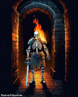 A frightening castle dungeon hallway with a skeleton warrior in rusty chainmail holding a burning torch painterly rpg art