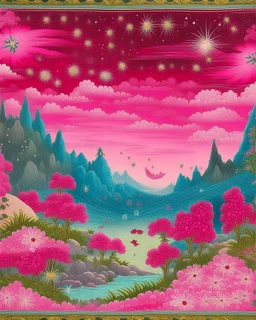 A pink universe filled with stars designed in Navajo yarn painted by Utagawa Hiroshige