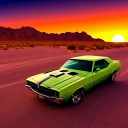 muscle car, desert road, sunset, full colour,