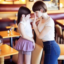 Realistic photo Russian shorthair beautiful 20-years tomboy boyish boylike young wife wide hips in restaurant with little daughter