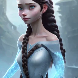 girl, cute, beautiful, black hair, two braids, bangs, blue eyes, big eyes, freckles, long eyelashes, pink lipstick, thin lips, small nose, Anna from Frozen, 8k resolution concept art portrait by Greg Rutkowski