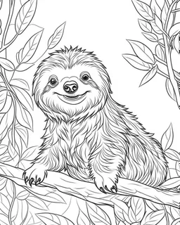 create a 2d black outline, "safari smiling cartoon sloth on a branch coloring book for kids", coloring page, low details design, black contour, coloring page design, simple background, colorful , card style, coloring page for kids, white background, sketch style, safari landscape, cartoon style