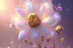 one big crystal subtle flower in a galactic ambiance, transparent petals, delicate colors, in the foreground, with a very little beautiful fairy, full of details, smooth, bright sunshine，soft light atmosphere, light effect，vaporwave colorful, concept art, smooth, extremely sharp detail, finely tuned detail, ultra high definition, 8 k, unreal engine 5, ultra sharp focus