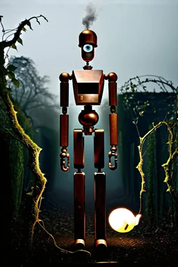 COPILOT PROMPT A majestic, eight-foot-tall automaton, constructed from polished copper and oiled wood, stands in a desolate, overgrown garden. Vines and moss cling to its metallic limbs, and a single, glowing glass eye seems to observe the world with quiet contemplation. A small puff of steam escapes from a valve on its chest, giving the only sign of life. The background is the rusted, decaying façade of a grand Victorian manor, half-swallowed by the wilderness. The scene should be lit with a s