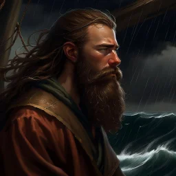 The lanky brown long haired bearded deckhand "Simon Lionguard" looking out at a stormy sea realistic grimdark