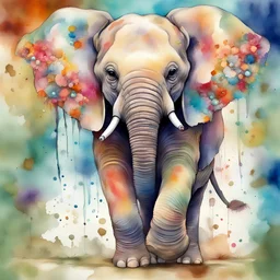Baby elephant with adornments vibrant and brilliant exaggerating joyful colorful patterns, running in the middle of jungle, exuberante flora and fauna, hd high resolution very detailed, watercolour alcohol ink splash-art
