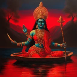 An oil painting of goddess Kali crossing a lake, neon red colors,