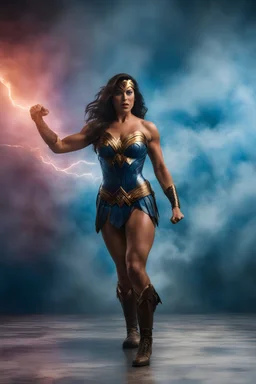 wonder woman extremely huge, overexaggerated muscles, posing and flexing in a front of the camera, random extreme action poses, an extremely colorful, multicolored foggy blue marble wall in the background with a colorful marble tile floor, multicolored lightning, realism engine,
