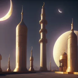 An entry interface for an Islamic application with a minaret and a crescent moon, steampunk, unreal 5, octane render, cinema4d, dynamic lighting, dramatic lighting, 4k, redshift render, highly detailed, hyper realistic,