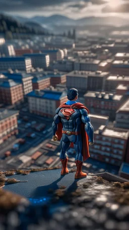 drone shot, close up portrait of superman over Nidelven in Trondheim, shot on Hasselblad h6d-400c, zeiss prime lens, bokeh like f/0.8, tilt-shift lens 8k, high detail, smooth render, down-light, unreal engine, prize winning