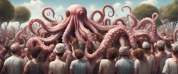 surreal outdoor summer crowd scene, everybody has octopus-tentacle arms, very high detail, photorealistic