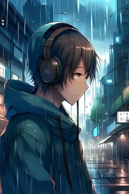 Boy, headphones, dubbed anime word on the board, city, rain, anime