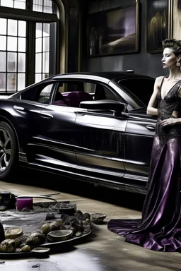 "prompt": "A dark, moody, surreal scene of a rugged auto mechanic at a decadent high tea. Instead of workwear, he now wears a flowing, high-fashion silk gown — glossy black with crimson undertones, draped dramatically yet smeared with streaks of oil and dust. BALL gown clings to his BUFF muscular frame while long folds cascade onto the cracked marble floor. He sits at a grand, candlelit tea table covered in black velvet, where tarnished silver trays hold eerie pastries, shattered porcelain cups