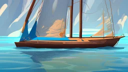 fantasy cartoon illustration: one new wooden yacht in the blue see