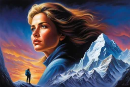 A woman having a beautiful dream standing on the top of Mount Everest painted by Jeff Easley. concept art, mid shot, intricately detailed, color depth, dramatic, 2/3 face angle, side light, colorful background