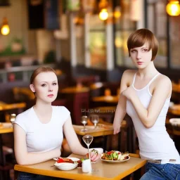 Realistic photo Russian shorthair beautiful 20-years tomboy boyish boylike young wife wide hips in restaurant