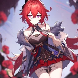 Clear focus, High resolution, rough line sketch art, long light red hair, hair between eyes, fluffy hair, purple eyes, wearing a off shoulder shirt, no spaghetti strapes, dark aura, 1girl, wearing a skirt, genshin impact, genshin impact style outfit, (detailed outfit), (Lots of ribbons and flowers on outfit), ahoge, red bow behind head