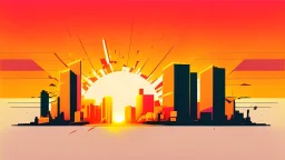 minimal design,shapes, synthwave, synthwave sun, synthwave city, simple,iconic:1.8), Explosion of color in city, comic style