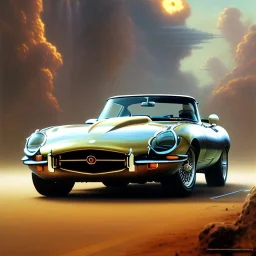 hyperrealism Drawing of 'Jaguar E-Type' three quarter frontal aerial view, by gaston bussiere, greg rutkowski, yoji shinkawa, yoshitaka amano, tsutomu nihei, donato giancola, tim hildebrandt,oil on canvas, cinematic composition,Sharp detail,extreme detail,fit full head inside picture,16k