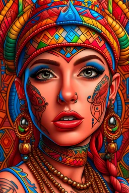 This image shows a portrait of a woman with stylized, hyper-realistic features. She has large, expressive eyes with detailed makeup, full lips, and a richly decorated head wrap with intricate patterns in orange, blue, and pink tones. A traditional ornamental forehead piece adorns her head, complementing her jeweled earrings and elaborate neck tattoos that cover her visible skin. The background features a whimsical atmosphere with floating hearts of various sizes, displaying intricate patterns wi