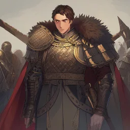 A shy and awkward young man in medieval iron armor with short brown hair