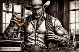 Rough looking muscular cowboy photorealistic in a saloon whisky glass in his hand