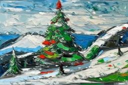 Christmas tree on a snow covered mountainside in the style of Frank Auerbach