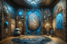 photorealistic "dimensional portal made of subatomic particles" in a gigantic Neanderthal jeweled palace hyeroglyphs on the walls, thunderbolt storm, many strange prehistoric lifeforms praying