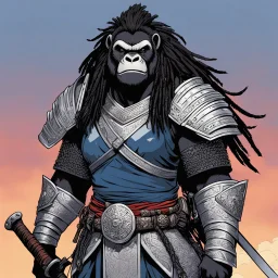[comics Head Lopper style by Andrew MacLean] a gorilla female with dreadlocks, clad in intricate samurai armor, stood poised on high guard, her keen eyes scanning the horizon for any sign of danger. In her powerful grip, she wielded a gleaming katana, its blade reflecting the light with a deadly glint.