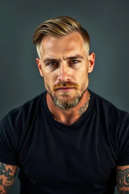 portrait of a 35 year old Handsome, rugged and muscular male with lightly tanned skin and tattoos. light brown shoulder length hair and a goatee beard. wearing an black jeans and a teeshirt. photorealistic