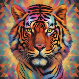 animal. A tiger with a crown and a multi colors pyramid. multi colors ground. photographic. outdoor. colors light prysm rays. water.