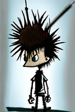 2d drawing of a stickman, cool with punk hair, x eyes like in hangman, view from back and slightly peeking behind, 3d realistic in colour