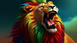 3D 16:9 colorful hyper-realistic Lion roaring as the Lion of Judah overlooking all the kingdom of GOD
