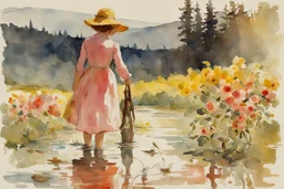 Sunny day, flowers, trees, spring, mountains, puddle, fantasy, sci-fi, epic, winslow homer watercolor paintings