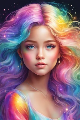 Adorable digital painting style. Pastel hues adorn her every trace, A rainbow girl with a shimmering embrace, Her eyes, glistening with dreams and grace, A vision of magic, lighting up any space. highly detailed, ink colored, 4k, high quality, correct face structure, correct anatomy