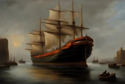 Oil painting in Rembrandt style of a container ship