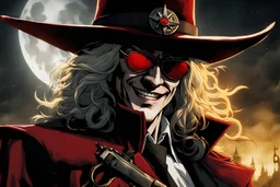 Action shot of Tom Hiddleston as Alucard from the live action "Hellsing" movie based on the anime of the same name. He is wearing his signature red hat and yellow glasses, while laughing in the moonlight and shooting his signature pistols.