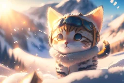 cute chibi anime frightened cat, crashed airplane in the snowy mountains in sunshine, ethereal, cinematic postprocessing, bokeh, dof