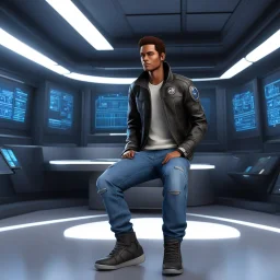 an agent of an intertemporal organization sits in the teleport beaming room, journeys through the past and future to mend the fabric of time. Clad in a casual yet functional outfit, resembling loose jeans paired with a leather jacket or comfortable jogging attire. Despite the laid-back appearance, the character conceals cutting-edge high-tech equipment cleverly disguised within a few medieval tools. A musket transformed into a futuristic weapon, a rugged backpack housing advanced gadgets, a flas