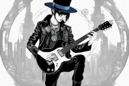 Mixed media picture, the background is black and white line art 3d cyber city In the middle a colorful photo of an attraktive goth asian man playing on the old guitare , wearing goth dark blue clothsirt, shiny black jeans, steampunk black hat and black boots, his hair is deep blue-black-silver colors, enhancing the contrast between her and the black and white cityscape space