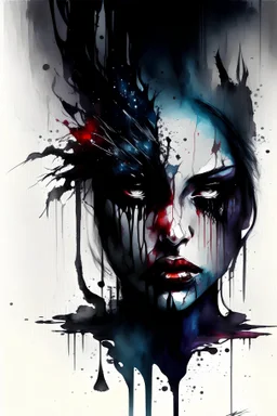 An abstract realism modern design with watercolo and beautiful portrait of an amazing dark art horror gloomy demon