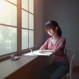 female student studying by the window, anime style, unreal engine 5, cinema4d, sun light, studio lighting --ar 1:1 --v 4