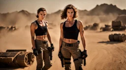 beautiful slender caucasian female technician, black tank top, well toned muscles, weathered face, scratched sand camo metal details, short brunette wavy bob haircut, dystopian, desert scene, being hit by a bullet, explosions in background, wounded by gunfire