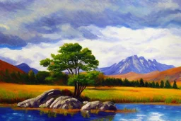 Clouds, mountains, tree, rocks, grass, lake, lake reflections, distant mountains, distant trees, impressionism painting