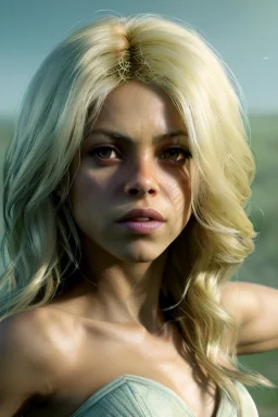 Shakira, artist, 30 years old, Realistic image, waist up portrait, blonde, loose long hair, wind, eyes make up, perfect, glow, circle iris. concept art, smooth, unreal engine 5, god lights, ray tracing, RTX, lumen lighting, ultra detail, volumetric lighting, 3d, finely drawn, high definition, 4k.